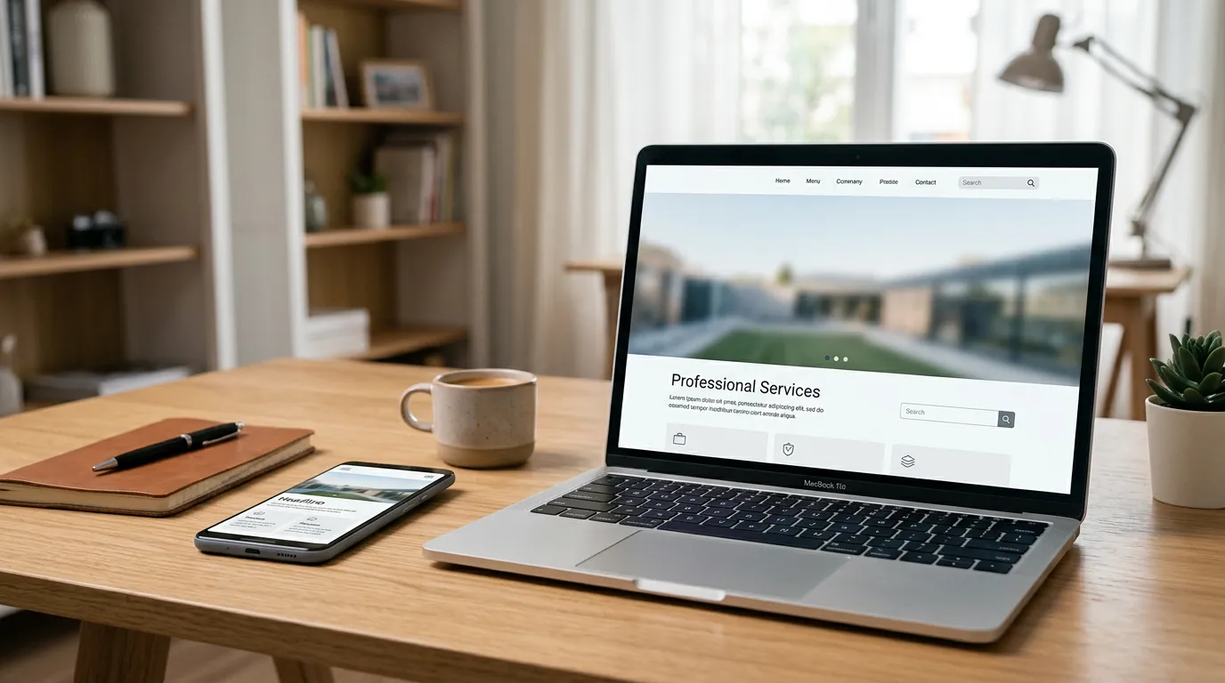 Modern laptop and mobile phone mockups displaying professional website interface, clean minimalist design, soft lighting, professional workspace setting
