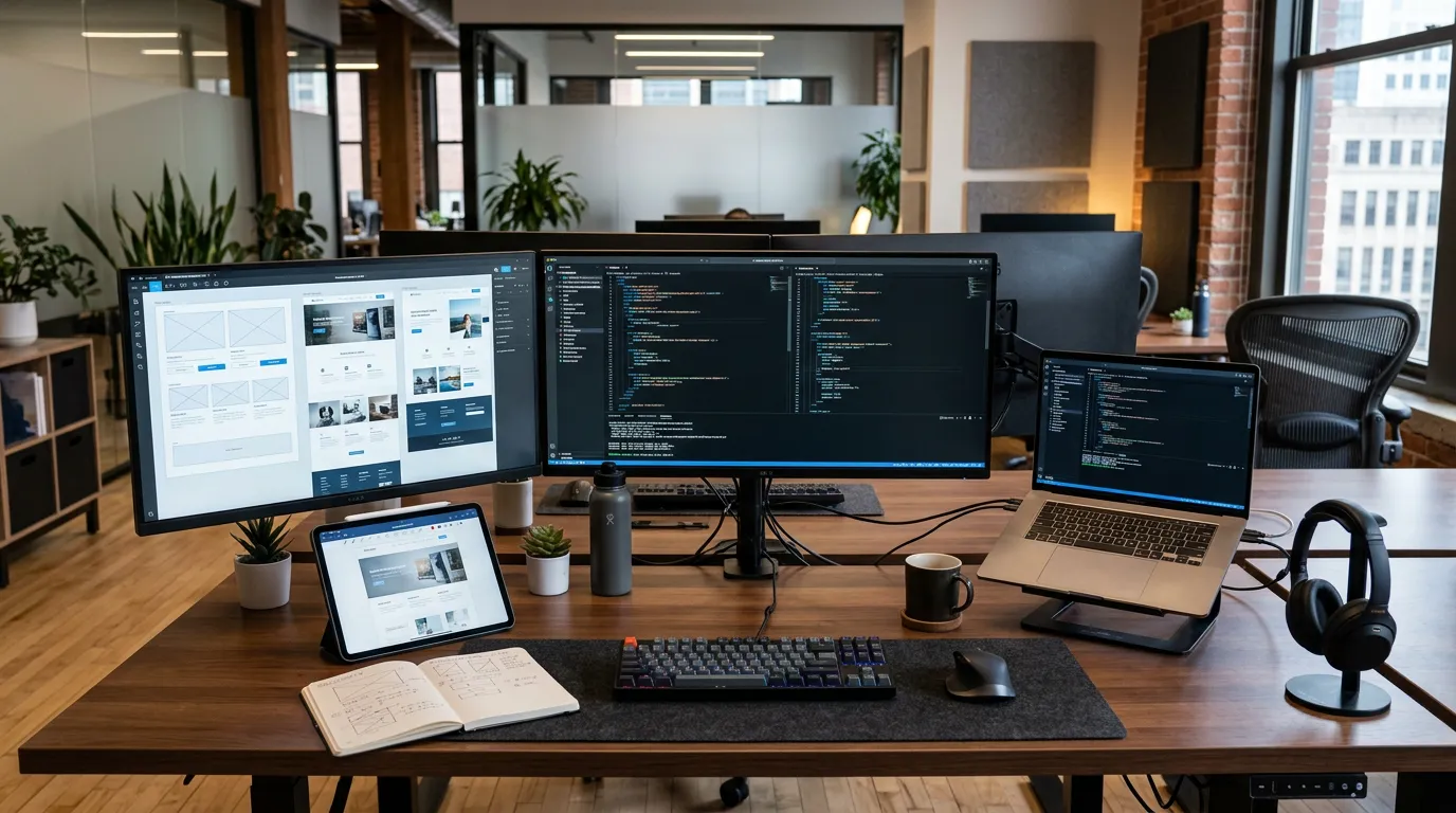 Web development workspace with design mockups, coding environment on multiple monitors and development tools, professional office setup