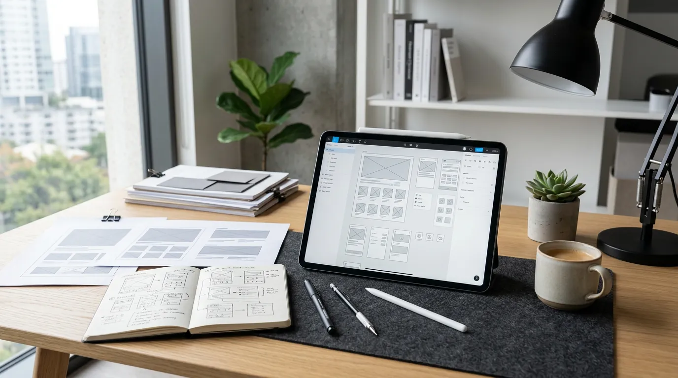 Designer's workspace with sketches, wireframes and digital design tools on tablet screen, modern minimalist office setting