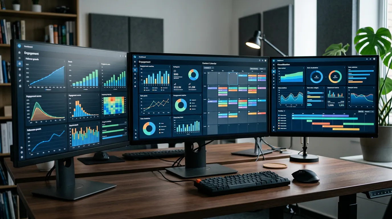 Social media management dashboard on multiple screens showing Instagram, TikTok and Facebook metrics, engagement graphs and content calendar