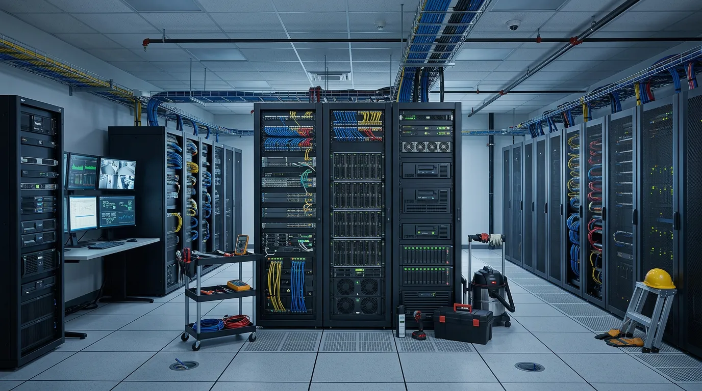 Server room with network equipment and security monitoring systems, backup systems and maintenance tools