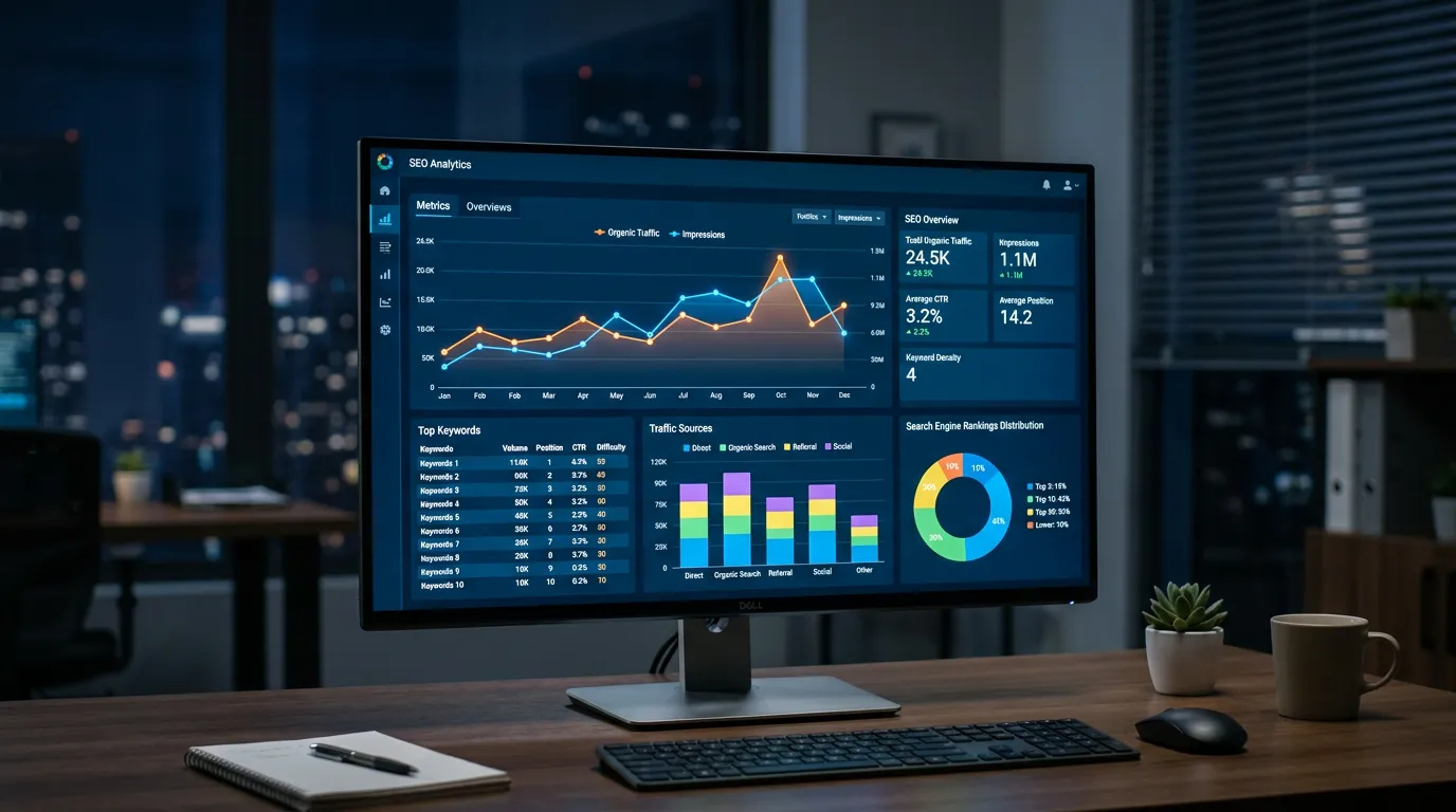 Analytics dashboard displaying SEO metrics, charts and search engine rankings data, computer monitor showing digital analytics