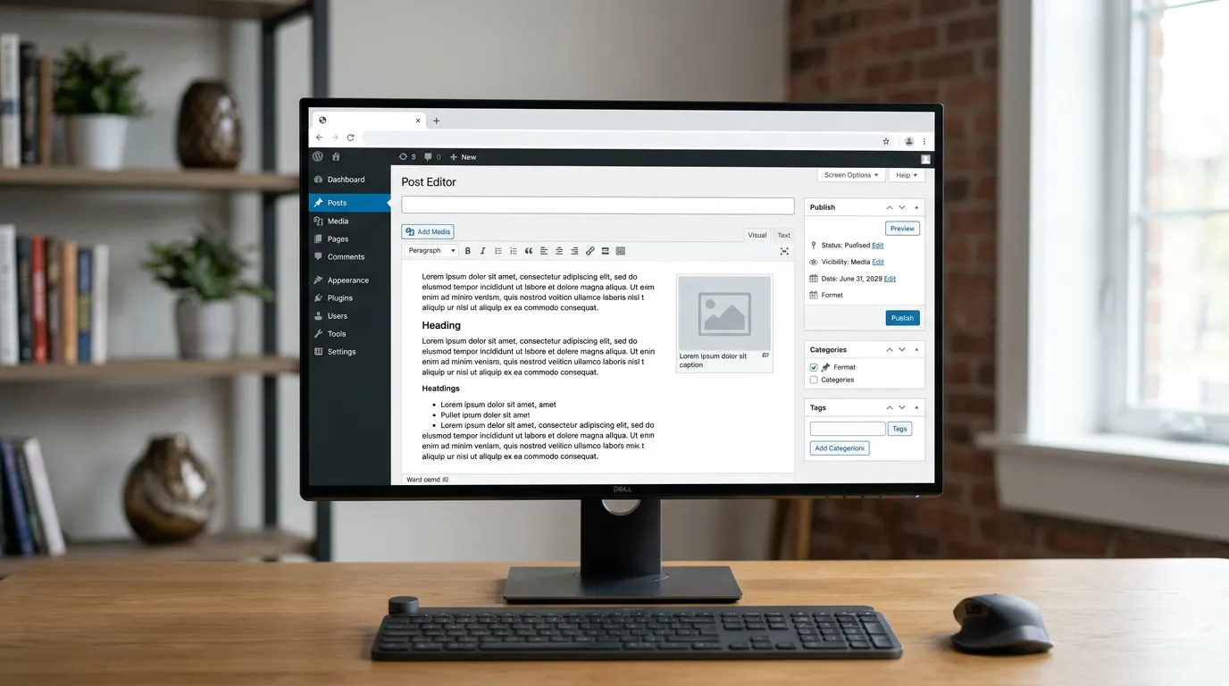 WordPress admin dashboard on computer screen with editor and content management interface, modern clean interface